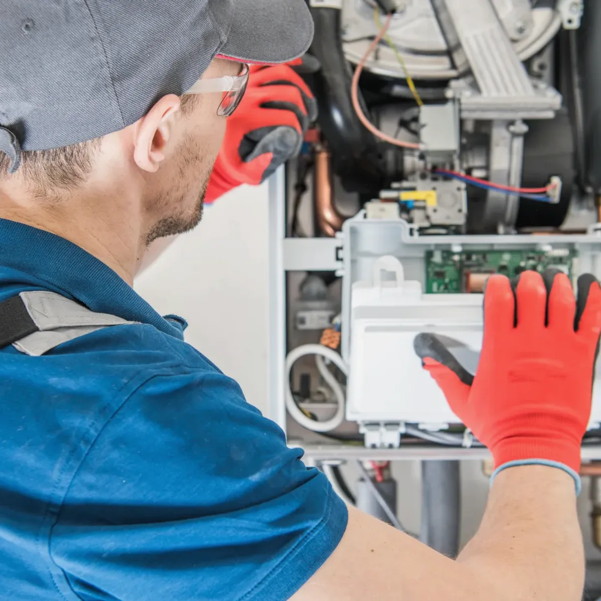 Technician in red gloves servicing a boiler's controls